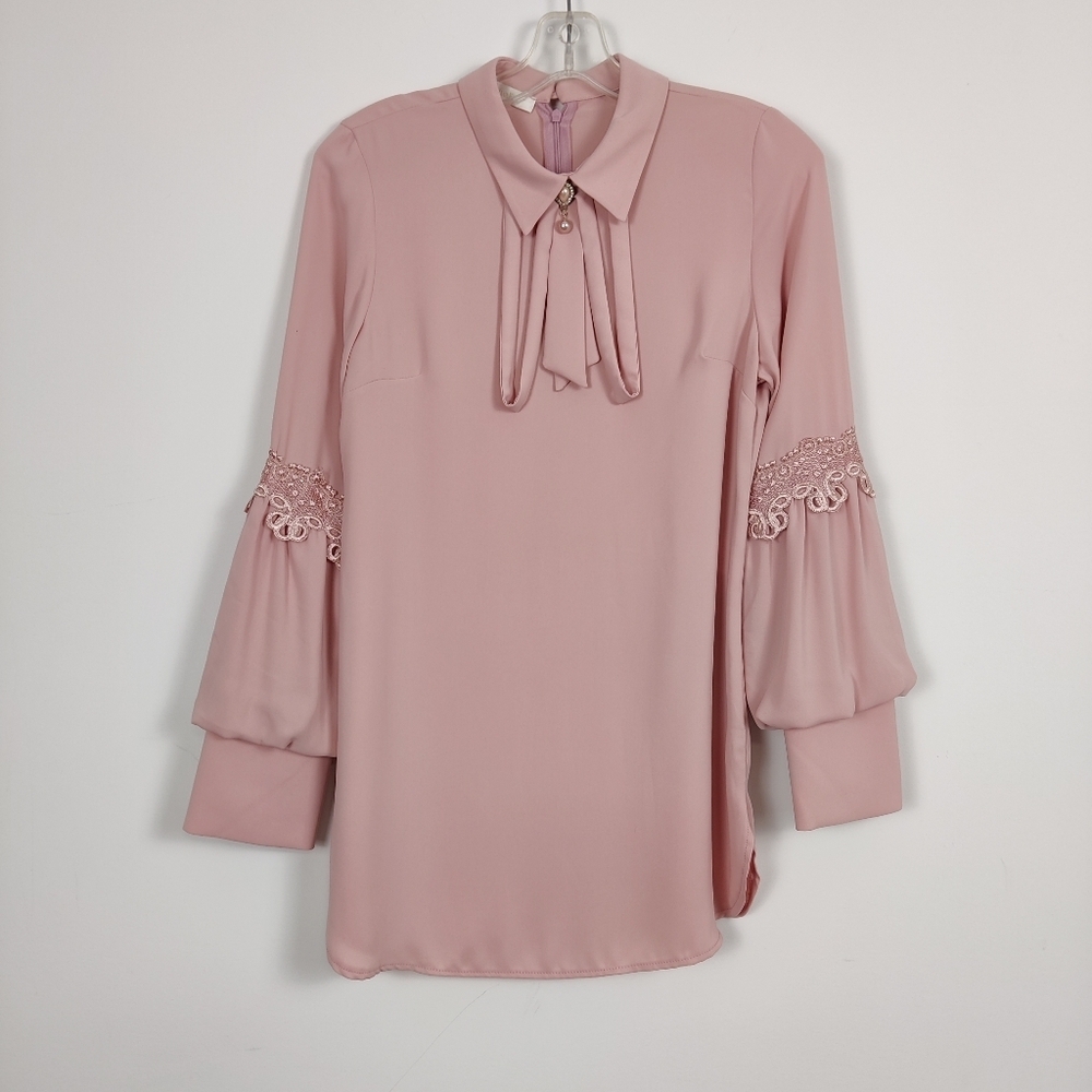 Elegant Blush Pink Long Sleeve Tunic Shirt Lace Detailing Size EU 40 Coquette